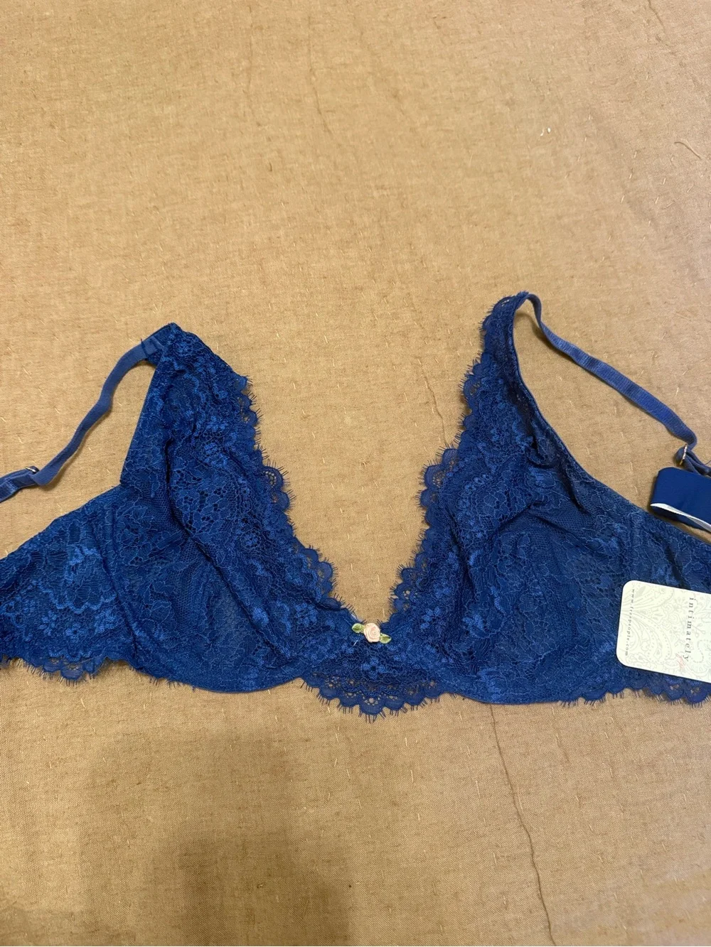 Free People Deep Navy Lace Bralette with Floral Accent
